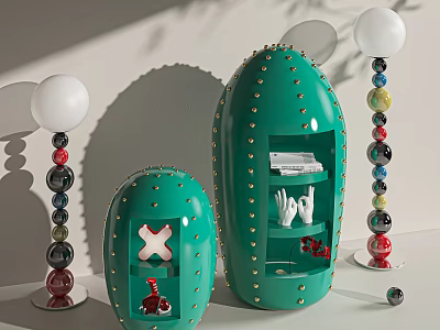 Stylish Green Oval Decorative Cabinet With Studs Books And Decorations Near Lamps 3d model