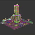 Modern Scene With Ancient Stone Tower Square Base Stone Blocks Moss Vines And Red Car