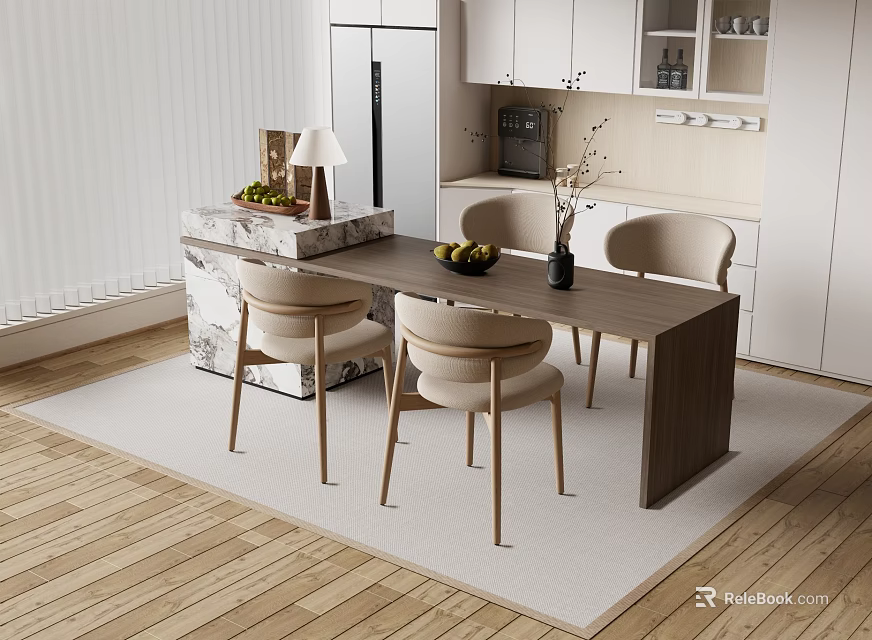 Modern Open Concept Kitchen With Wooden Bar Counter Chairs Lamp Marble Accent And Fruits 3d model 