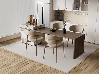Modern Open Concept Kitchen With Wooden Bar Counter Chairs Lamp Marble Accent And Fruits 3d model