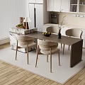 Modern Open Concept Kitchen With Wooden Bar Counter Chairs Lamp Marble Accent And Fruits