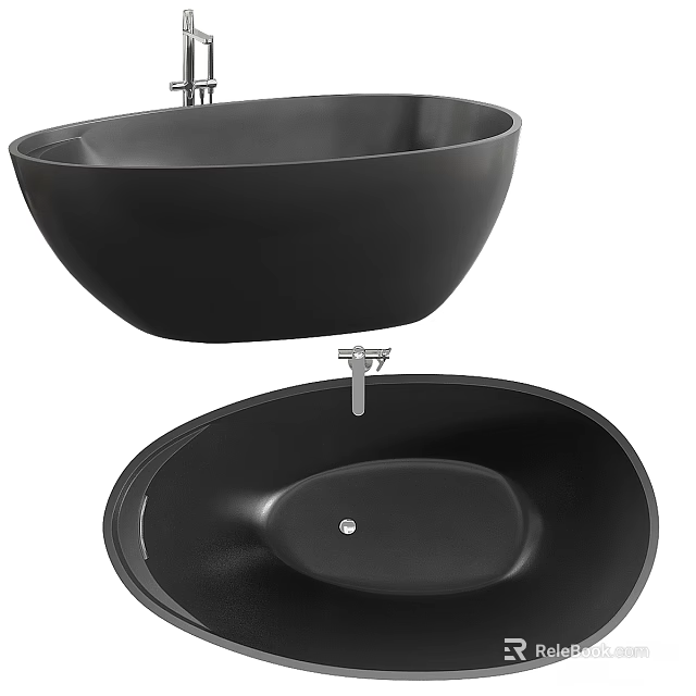 Sleek Black Freestanding Bathtub With Oval Shape And Chrome Faucet 3d model 