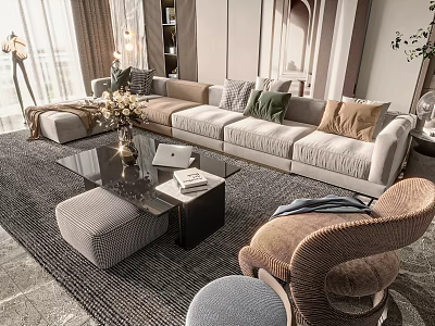 Modern Light Gray Sofa Coffee Table Set With Glass Top Vase Laptop Books And Rug 3d model