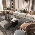 Modern Light Gray Sofa Coffee Table Set With Glass Top Vase Laptop Books And Rug