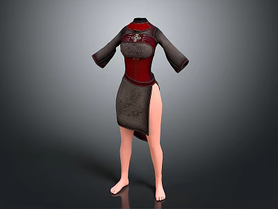 Red and Gray Traditional Cheongsam with Stand Up Collar Frog Buttons and Side Slit Design 3d model