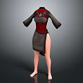 Red and Gray Traditional Cheongsam with Stand Up Collar Frog Buttons and Side Slit Design