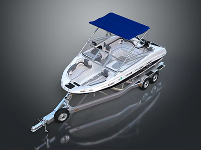 Modern White Motorboat With Blue Canopy On Trailer For Water Transportation 3d model