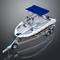 Modern White Motorboat With Blue Canopy On Trailer For Water Transportation