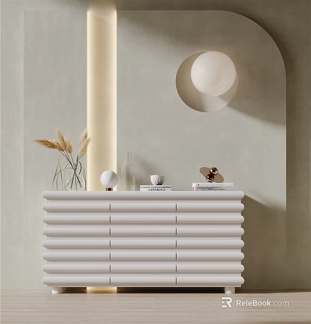 Elegant White Entryway Console Table with Pampas Grass Sphere Decor Books and Circular Wall Art 3d model 