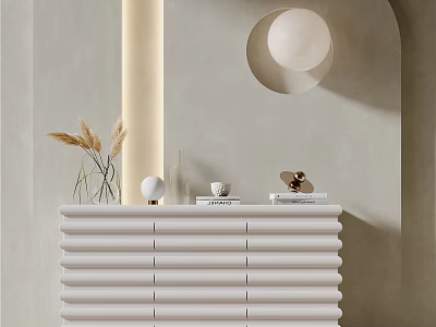 Elegant White Entryway Console Table with Pampas Grass Sphere Decor Books and Circular Wall Art 3d model