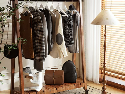 Wooden Clothing Rack With Hanging Clothes And Bags In Cozy Indoor Setting 3d model