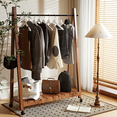 Wooden Clothing Rack With Hanging Clothes And Bags In Cozy Indoor Setting 3d model