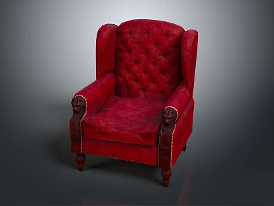 Classic Red Tufted Armchair With Carved Armrests And Wooden Legs 3d model