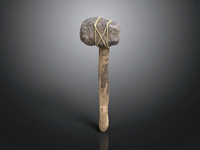 Artisanal Carved Stone Hammer With Wooden Handle And Rope Binding Details 3d model
