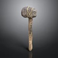 Artisanal Carved Stone Hammer With Wooden Handle And Rope Binding Details