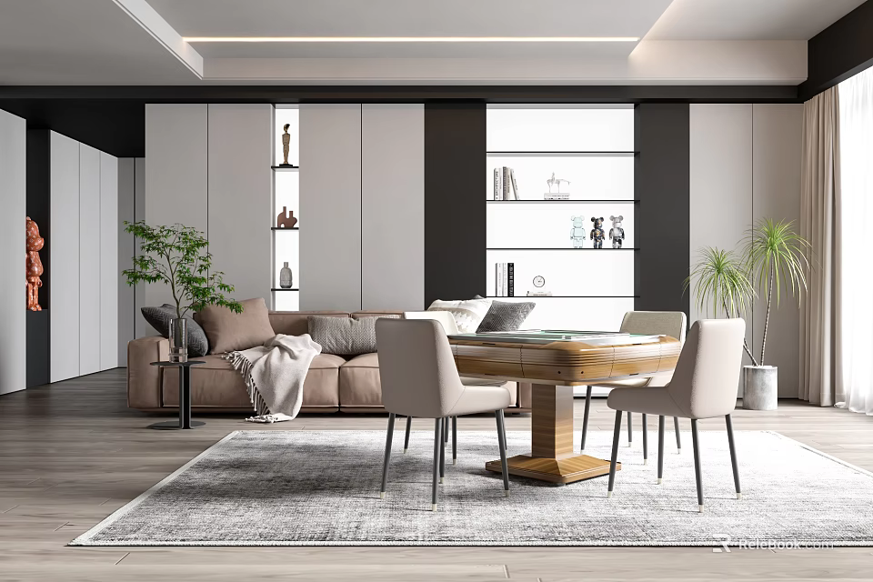 Modern Entertainment Room Interior Design With Sofa Table Cabinets And Plants 3d model 