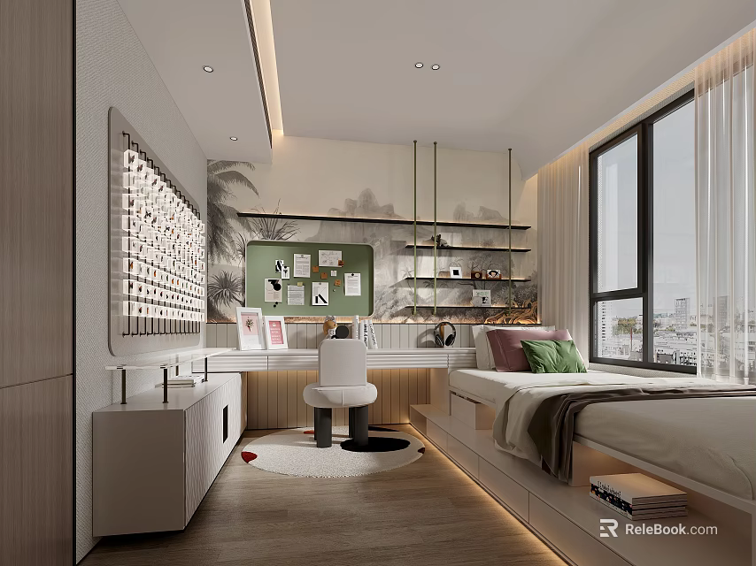Cozy Modern Kids Room Interior With Study Desk Chair Bed Bookshelf And Decorative Wall Art 3d model 