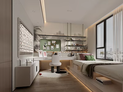 Cozy Modern Kids Room Interior With Study Desk Chair Bed Bookshelf And Decorative Wall Art 3d model