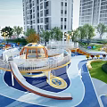 Outdoor Children's Play Area Featuring Slide Dome Structure Colorful Floor Trees And High Rise Buildings