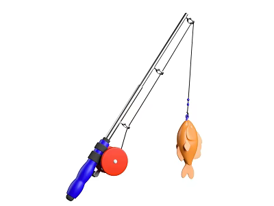 Fishing Rod with Blue Handle and Red Reel for Catching Orange Fish 3d model