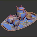 Handcrafted Porcelain Sculpture Tea Set With Blue Tray And Gold Decorative Patterns