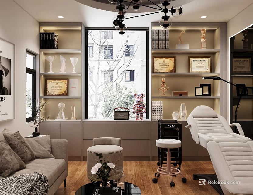 Modern Public Office Space Interior With Comfortable Sofa Bookshelves Trophy Displays Green Plants And Large Window 3d model 