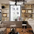 Modern Public Office Space Interior With Comfortable Sofa Bookshelves Trophy Displays Green Plants And Large Window