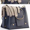Stylish Blue Leather Handbag With Gray Gloves And Golden Accents Details