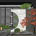 Garden Wall With Circular Design Surrounded By Maple Tree Shrubs Stones And Lantern 3d model