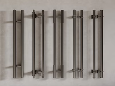 Different Black Door Handles In Various Styles Arranged On Light Background 3d model