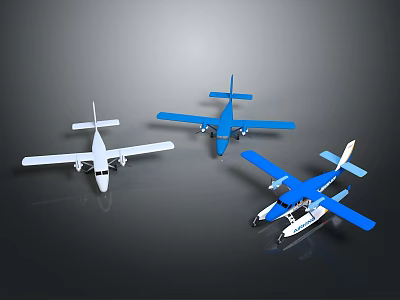 White and Blue Passenger Plane Models Featuring Seaplane and Standard Types 3d model