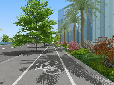 Landscaped Municipal Road With Green Trees Palm Trees Marked Bicycle Lane Bushes And Flowers 3d model