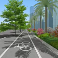Landscaped Municipal Road With Green Trees Palm Trees Marked Bicycle Lane Bushes And Flowers