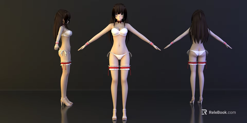 Game Character In White Bikini With Red Ribbon Straps High Heels Front Side Back Views 3d model 
