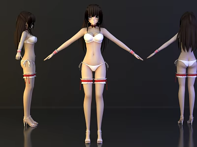 Game Character In White Bikini With Red Ribbon Straps High Heels Front Side Back Views 3d model