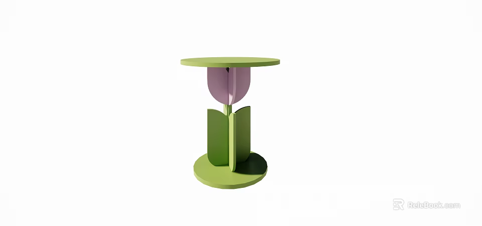 Creative Tulip Shaped Side Table With Green Round Top And Purple Stem Base 3d model