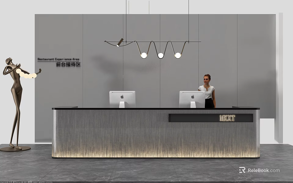 Modern Reception Desk Area With Female Receptionist Computers And Hanging Pendant Lights 3d model 