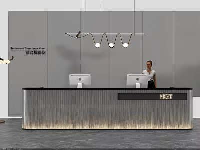 Modern Reception Desk Area With Female Receptionist Computers And Hanging Pendant Lights 3d model