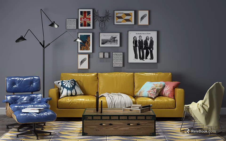 Yellow Sofa And Wooden Coffee Table Set With Colorful Cushions Wall Art And Floor Lamp 3d model 