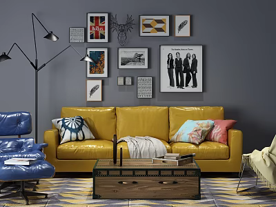 Yellow Sofa And Wooden Coffee Table Set With Colorful Cushions Wall Art And Floor Lamp 3d model