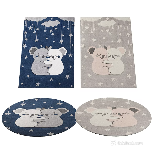 Cute Square Rug With Adorable Koala Bears Stars And Clouds In Blue Gray Colors 3d model 