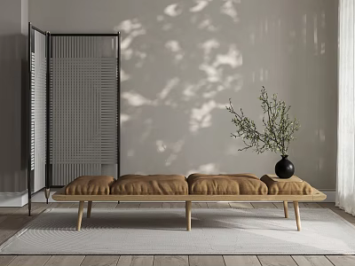 Light Brown Upholstered Bed Bench With Wooden Legs Sunlight Shadows And Plant In Black Vase 3d model