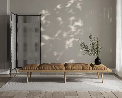 Light Brown Upholstered Bed Bench With Wooden Legs Sunlight Shadows And Plant In Black Vase 3d model