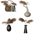 Decorative Ceramic Vases with Dried Pampas Grass and Woven Basket for Home Decor