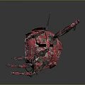 Red Mechanical Spider Sculpture With Large Yellow Eye And Metal Wheels