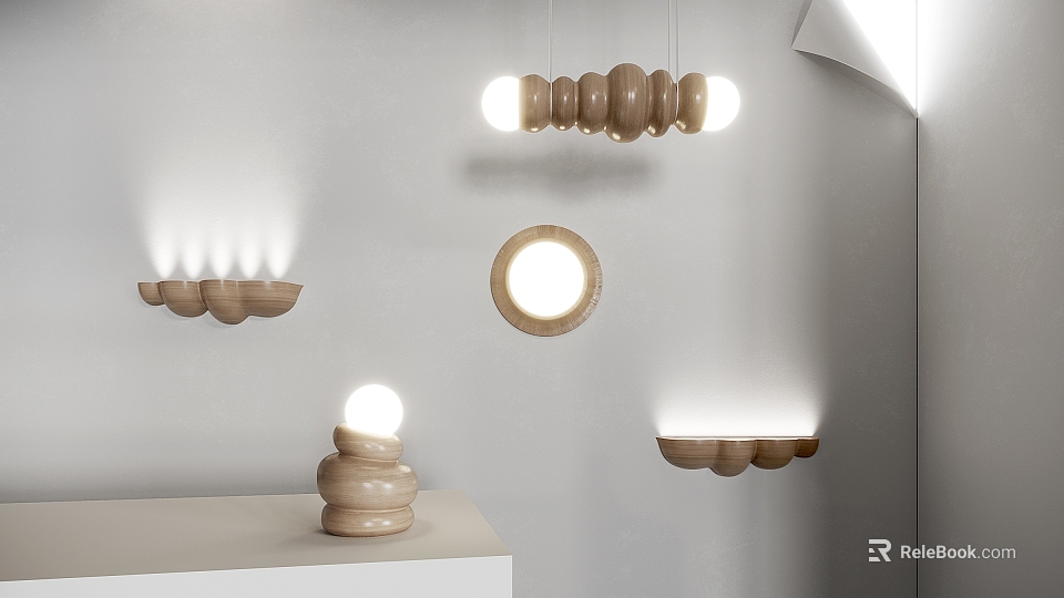 Modern Wooden Circular Hanging Wall And Stacked Table Lamp Lighting Set Design 3d model 