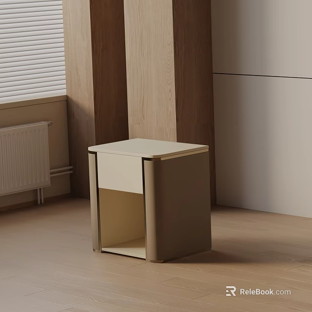 Minimalist Bedside Table with Light Wood Tone in Modern Bedroom and Wooden Partition 3d model 