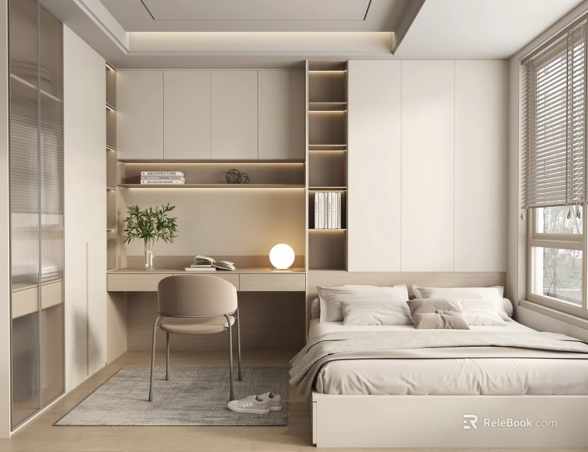 Minimalist Tatami Bedroom Interior Design With Bed Desk Chair Light Colored Shelves And Window Blinds 3d model 