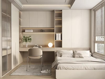 Minimalist Tatami Bedroom Interior Design With Bed Desk Chair Light Colored Shelves And Window Blinds 3d model