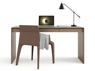 Brown Modern Desk Setup With Laptop Table Lamp And Chair With Plaid Blanket 3d model